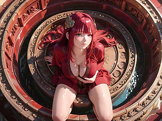 Ancient Stone Corridors Dappled with Light, She Lounges in a Circular Pool Overflowing with Liquid
