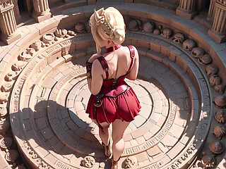 Red Armor Queen! Forbidden Gaze in the Roman Corridor, Skirt Lift Reveal, Hand on Lips Teasing You...