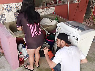 hotwife receives washing machine technician while the cuckold is at work