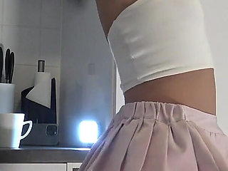 Short Pink Mini Skirt and Panties with Over Knee Socks Is Only the Start She Takes off Underwear to Flash Her Shaved Pussy