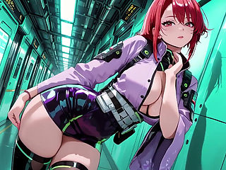 Ai-purple Kimono Seduction in the Neon Train Car, Fingertips Touching Collar, a Gaze That Drenches You!