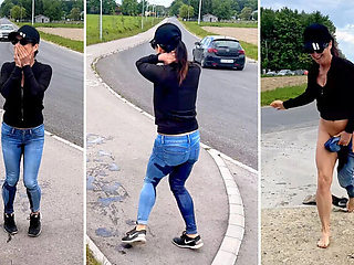 Public Pee Fail! MILF Accidentally Pisses Outside & Gets Caught by Cars