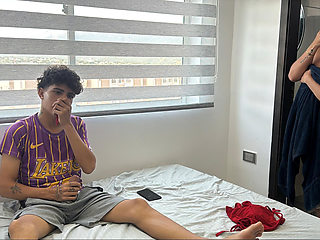 Stepson masturbates seeing the underwear of his big ass stepmom and they end up having a good fuck.