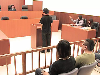 Horny Japanese Babe Gets Fucked by Three Hard Cocks in the Court Room