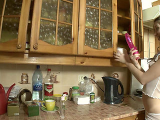 Kimmy T Inserts Bottle Deep For Anal Masturbation In Kitchen!