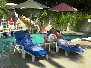 Swimming pool outdoor action with blonde babe