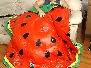 BBW Nurse Vicki Blowing up a Huge Plastic Float That Looks Like a Water Melon Slice