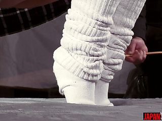 Miwa Kiritani Hands Tied Behind Her Back While Tesshin Doyama Stimulates Her Feet