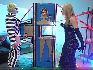 Cosplay Threesome - Bettlejuice, Wednesday Addams and Her Big Tits Stepmom