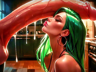 Bimbo Green Hair Big Tits Ass Huge Cock Dream Kitchen Tease (100% AI Generated)