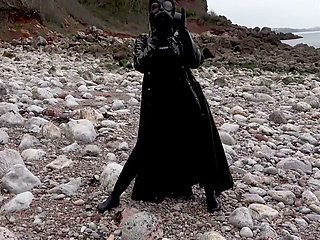 Gas Mask Goddess - Rubber Wetsuit & Pvc Mac Beach Tease