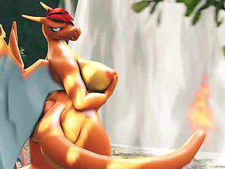 Cartoon forest dwellers crave a threesome with Charizard in the woods