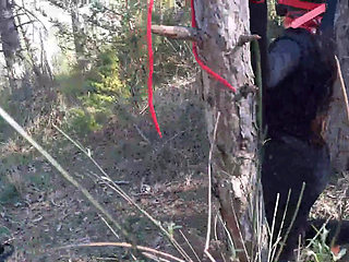 Outdoor sex in the wood. Wearing sexy clothes and high heels, bound, throated and fucked