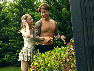 Cute Homemade Girl Fucked with Her Asian Gardener Titus Low in the Backyard of Her House!