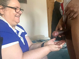 Hot MILF BBW Nurse Loves Black Cock in Her Hands, Interracial Handjob
