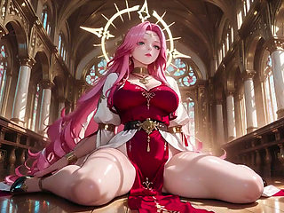 Sacred Red Robes Reveal a Private Bedroom Where She Kneels by the Bed, Eyes Hazy and Lips Parted