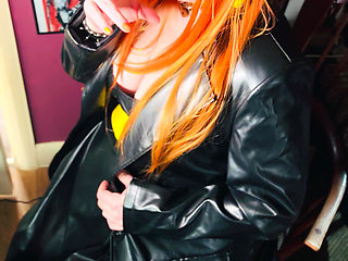 The Gothic Cutie Tina Snua Dressed In a Leather Coat & Smoking A Cork 100 Cigarette - Ginger Miss Smokes In A Leather Outfit OME