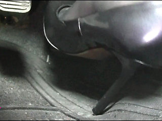 Revving and Driving in Black Pantyhose and Grey High Heels