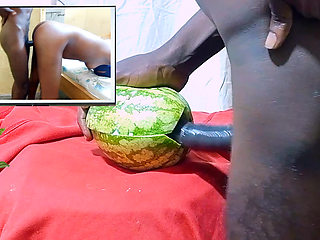 Teen Fucking watermelon while watching porn movie of Dicksex and Givensex fucking together till I got CUM, so wet and hot pussy!