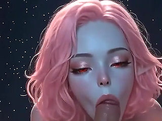 Pink-haired AI elf gives a blowjob, does a titjob, rides cowgirl-style, and ends up with cum dripping from her mouth