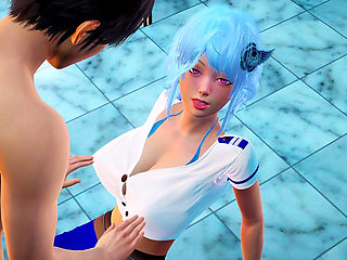 Anime Girl Sinwe with Hot Blue Hair in 3D Hentai - Indulge in Big Tits Massage with Sensual Moans, G-spot Fingering