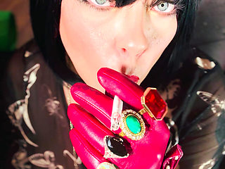 Leather Gloved Goth Tina Snua Smoking A Cork 100 Cigarette - OMI OME Snap Inhales Drifting Smoke