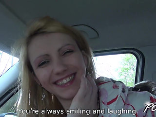 Petite skinny blonde teen suck cock under steering wheel and fuck