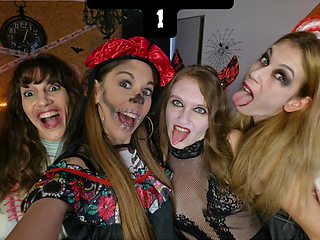 5 Lesbians have an orgy for Halloween in a bar and play with sex toys in cosplay