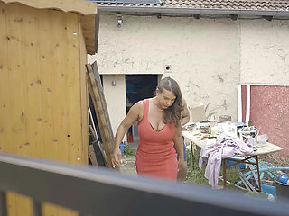 Big Tits MILF in Red Dress Gets Fucked by Tattooed Guy with Huge Cock