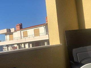 Roommate was masturbating her hairy pussy on the washing machine at the balcony, seduce me and I fucked her