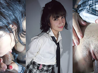 Small tits school girl rides a cock