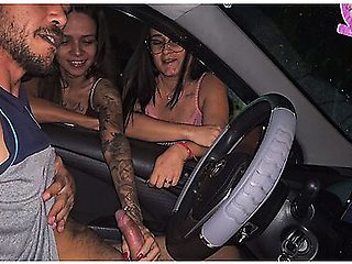 Menage Trois - Two Hot Girls Caught Him Masturbating Inside The Car And Helped Him Cum