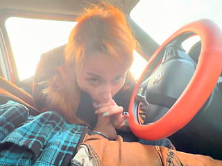 Public Shaft Flash in Car - Stranger babe caught me Jerking Off in Public, Show Boobs and helped me