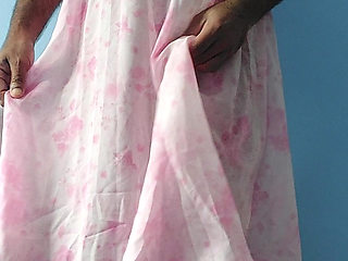 It feels so horny to masterbate wearing a silk seethrough fleard chiffon flowers frock