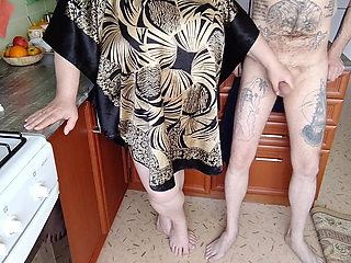 roommate jerks off my cock in the kitchen