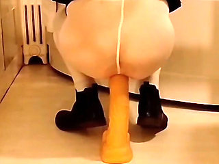 Dildo Riding in the Bathroom Wearing an Open White Pantyhose
