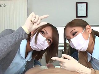 2 Japanese nurses give tender handjob with latex gloves: Cumshot, Asian  Pov Porn
