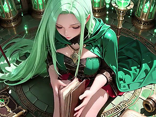 Under the Ethereal Blue Glow of a Gothic Cathedral, She Kneels with Her Staff, Eyes Locked on You.