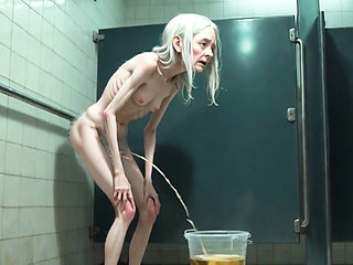Old Granny Public Pissing in Bucket - Hairy Wet Pussy & Real Orgasm