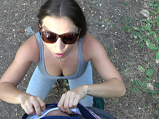 Man watching the girl as she practices yoga, public blowjob in a park, 4!