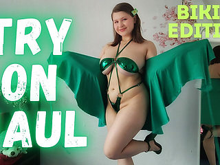 Try on Shiny Green Micro Bikini Beach Walk on Treadmill with Countdown
