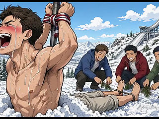 Buried In The Snowdrift - Ski Jumper Stuck Up To His Chest, Snowboarders On His Bare Soles (2D Anime