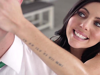 Slim brunette made him fuck her in the kitchen with some teasing first