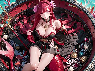 Red-haired Mermaid in Black Gown! Kneeling by the Pool, Lips & Mesmerizing Eyes.