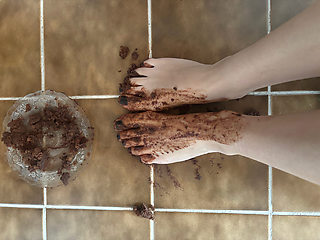 Destroying chocolate cake with my feet