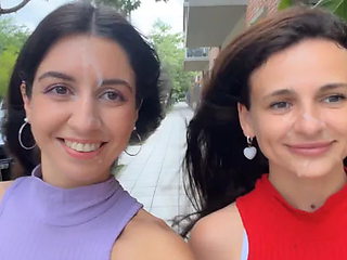 Two Cum-covered Beauties Love to Walk in Public - Cumwalk