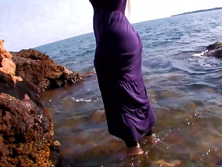 Naughty blonde with big tits and black stockings hard fucked on the beach