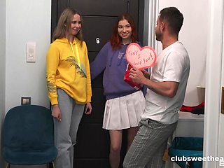 Sensual skinny teens fool around with muscular hunk in erotic threesome