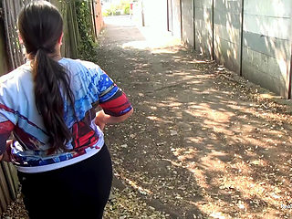 Short and thick brunette outdoor pising and public flashing