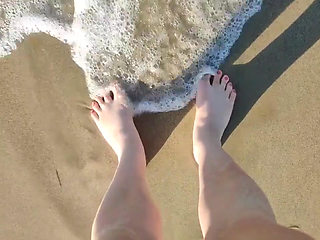 Topless at the beach walking and naked pee